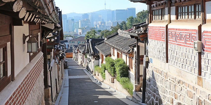 Bukchon Hanok Village, a historic area showcasing traditional Korean houses.