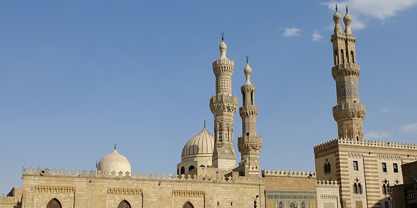 A view of Al Azhar Mosque across the road showcasing its astonishing architecture.