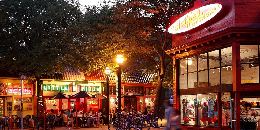 A vibrant image of unique shops and street art at Little Five Points, a quirky shopping place in Atlanta.
