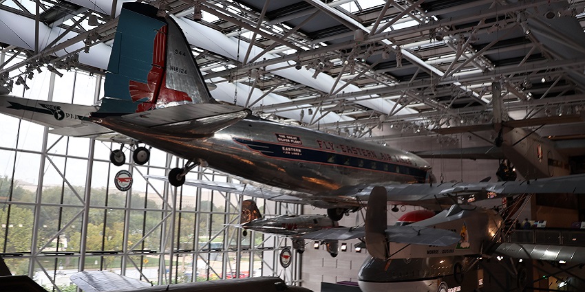 Exterior of the National Air and Space Museum in Washington, DC, with visitors outside
