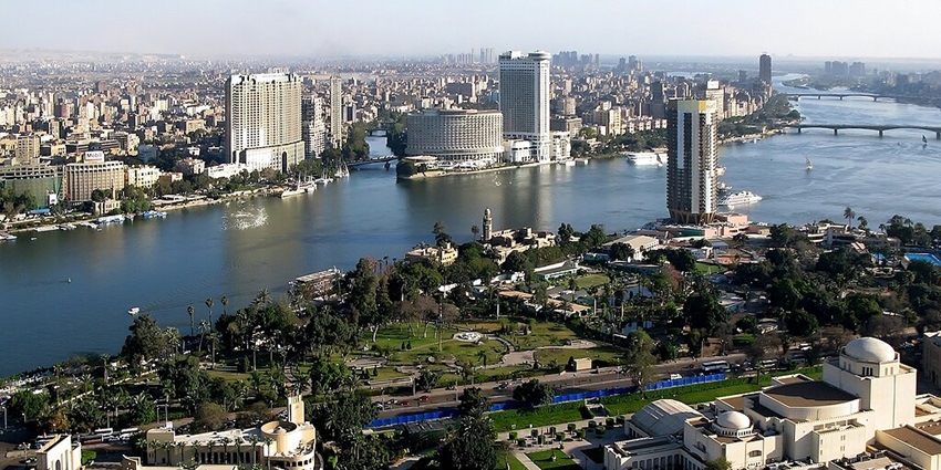 A view of Cairo City from the Cairo Tower showcasing a river parting the city into two.