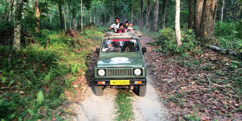 A picture of people riding elephants and crossing the river during Umred Karhandla Jungle Safari.