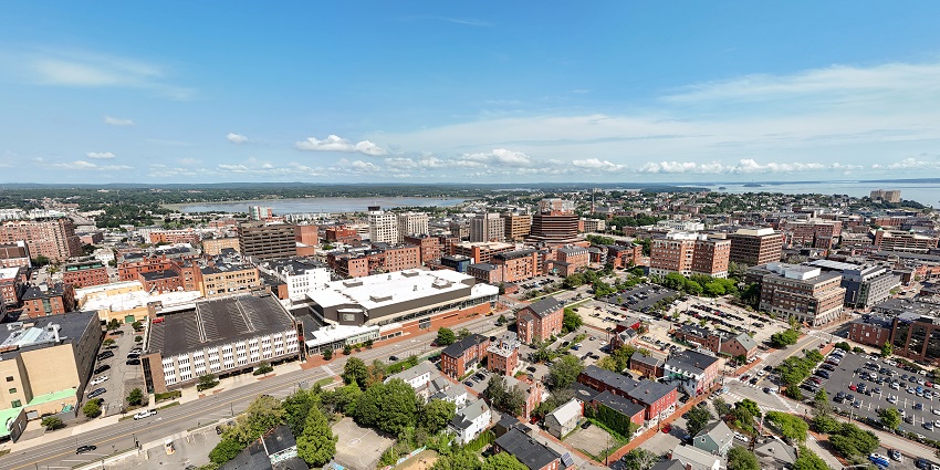 Exterior Portland, Maine skyline aerial view by drone of Portland’s urban landscape.