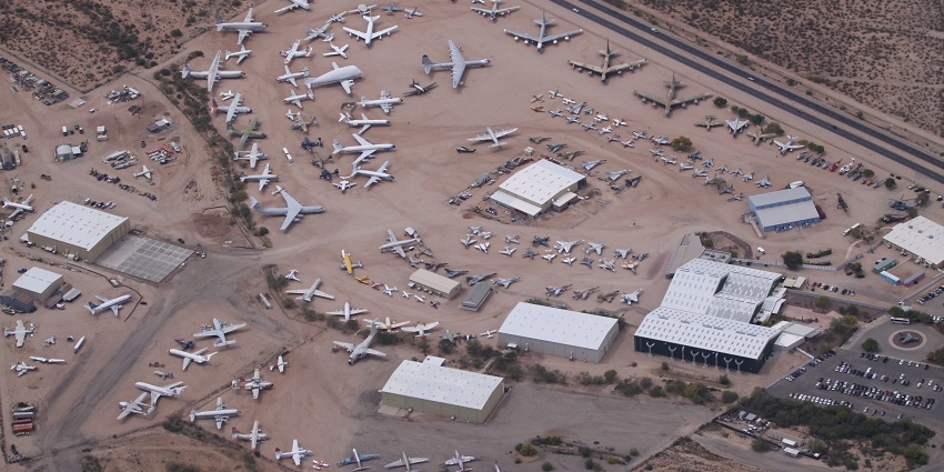 Aerial view of the Pima Air And Space Museum, showcasing aircraft and open space.