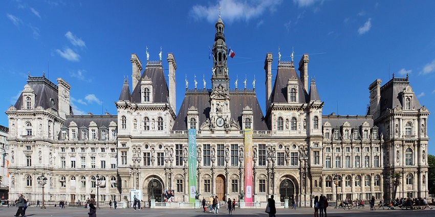 Main facade of Paris city hall located in the capital city of France, Western Europe.