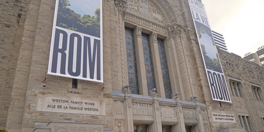An image of the east entrance of the Royal Ontario Museum (ROM) in Weston, featuring modern architecture.