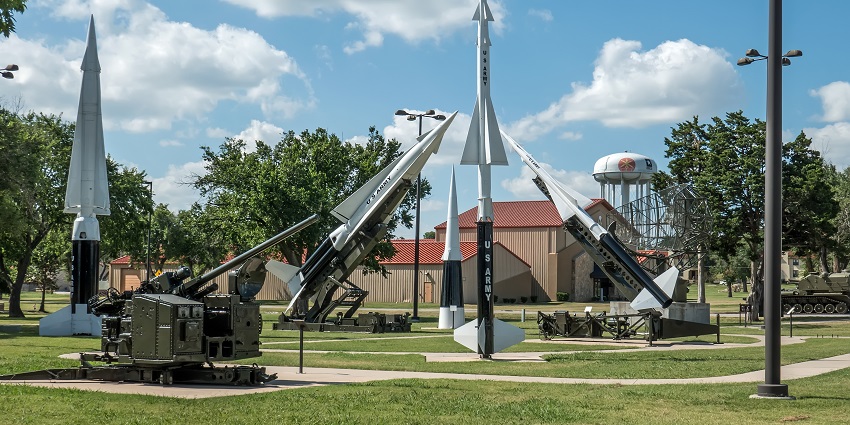 Nike Ajax and Nike Hercules anti-aircraft missiles on display at the Fort Sill National Historic Landmark