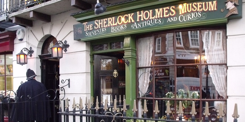 An image showing the iconic entrance to The Sherlock Holmes Museum of Baker Street in London.