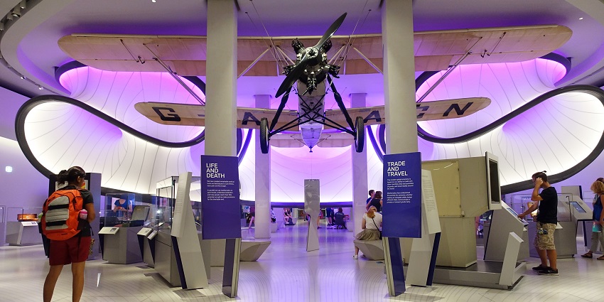 An image showing the historical plane of the Science Museum London, inviting visitors in.