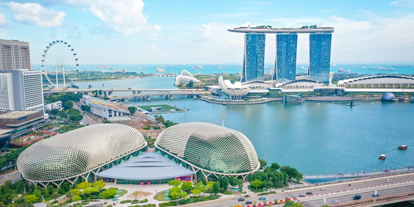 A view of Singapore lies in Southeast Asia, off the southern end of the Malay Peninsula.