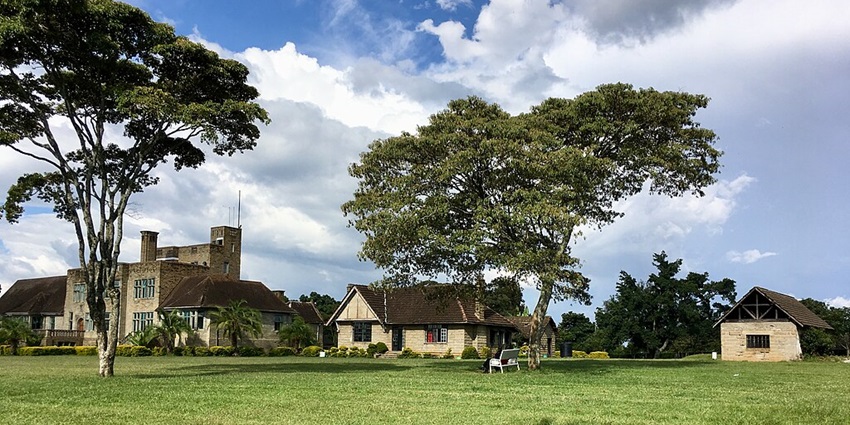 Lord Egerton's castle house area with multiple structures and a bench under a tree