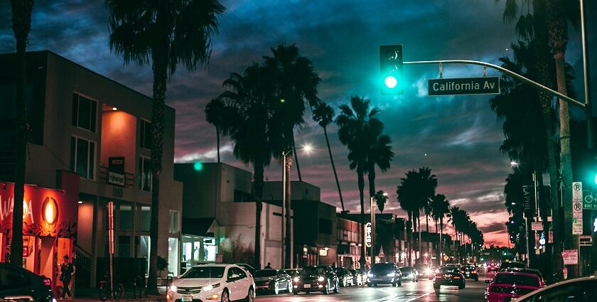 A mesmerising street view at night, showing nightlife in Los Angeles with colorful lighting.