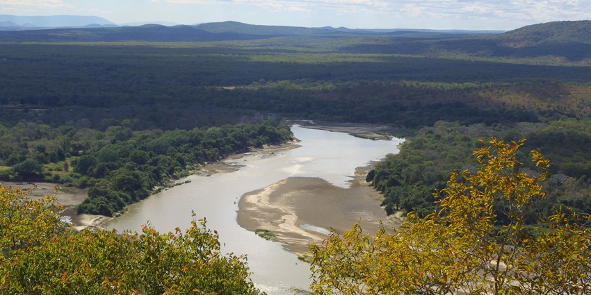 An aerial view of the Luangwa River flowing through Zambia.