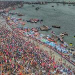 An aerial view of the first Shahi Snan on the day of Makar Sankranti at Maha Kumbh Mela.