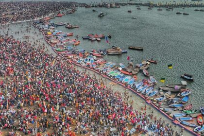 An aerial view of the first Shahi Snan on the day of Makar Sankranti at Maha Kumbh Mela.