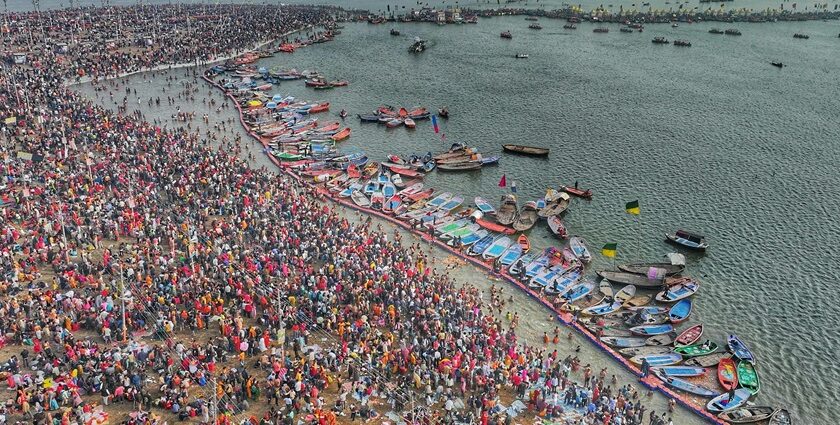 An aerial view of the first Shahi Snan on the day of Makar Sankranti at Maha Kumbh Mela.