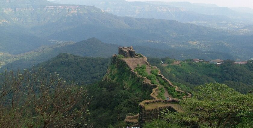 The beautiful aerial view of the fort in Mahabaleshwar called Pratapgad, Maharashtra.