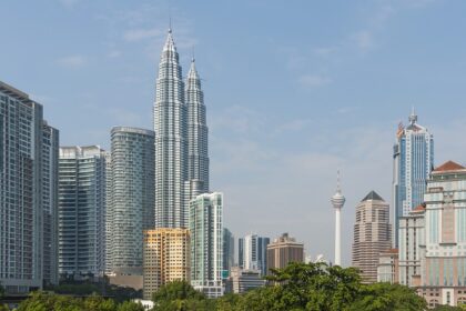 The skyline of Kuala Lumpur, seen from the pedestrian flyover over Jalan Tuk Razak.