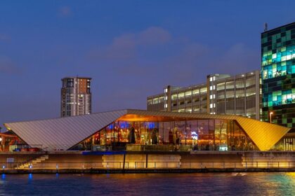 An image of nightlife in Manchester at Castlefield, showcasing its atmosphere at night.