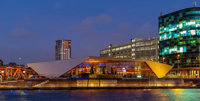 An image of nightlife in Manchester at Castlefield, showcasing its atmosphere at night.