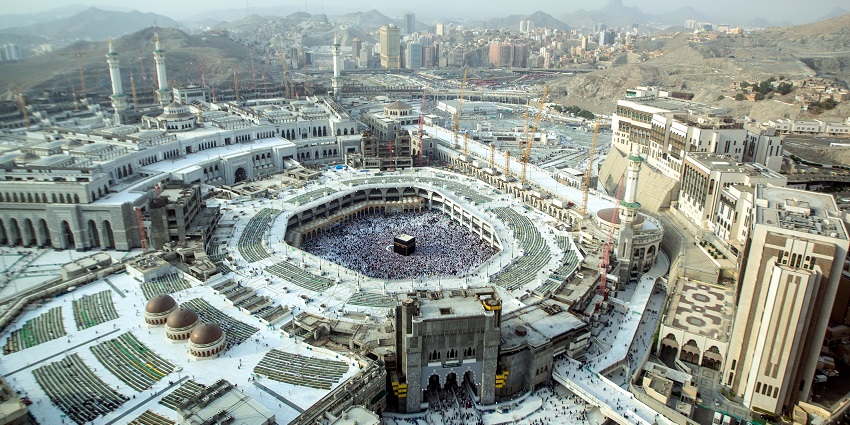 The Grand Mosque in Saudi Arabia, houses the sacred Kaaba.