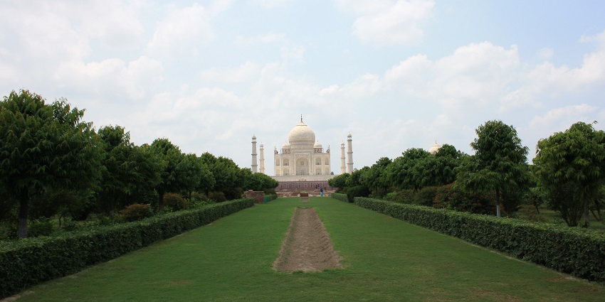 A serene view of the Taj Mahal from Mehtab Garh.