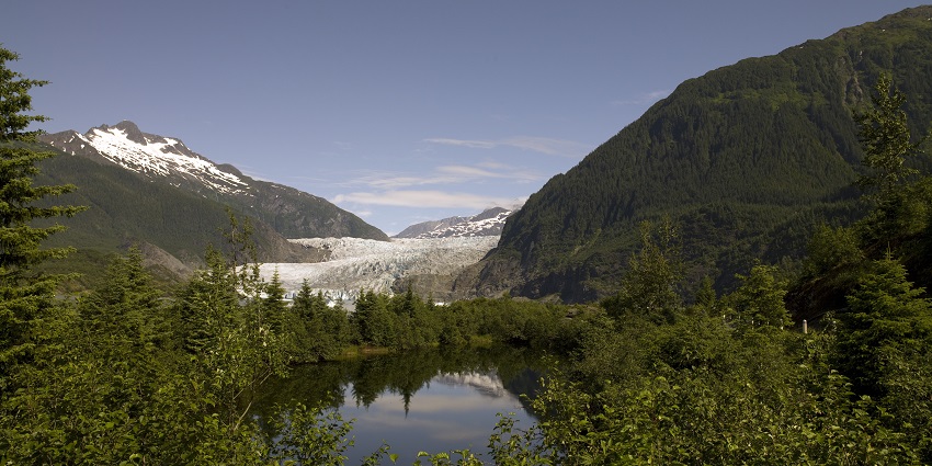 An image of the Mendenhall Glacier is one of the famous places to visit near Alaska.