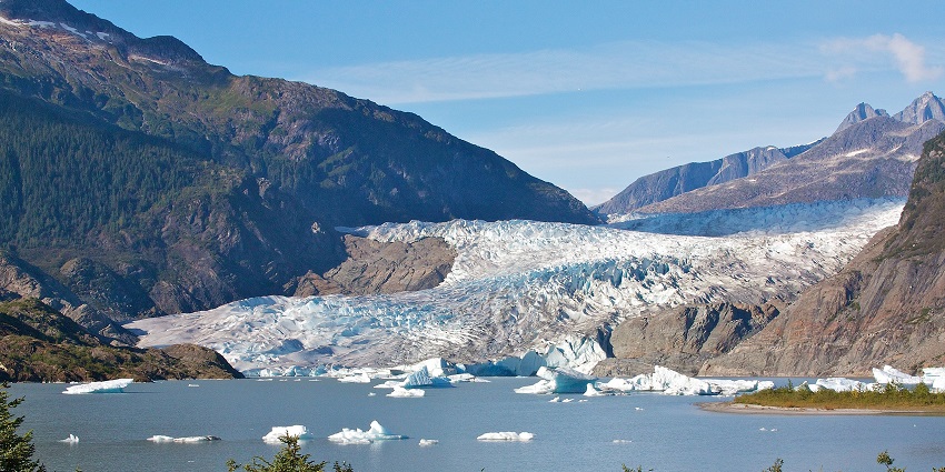 The stunning Mendenhall Glacier near Juneau, is the major tourist attractions near Alaska.