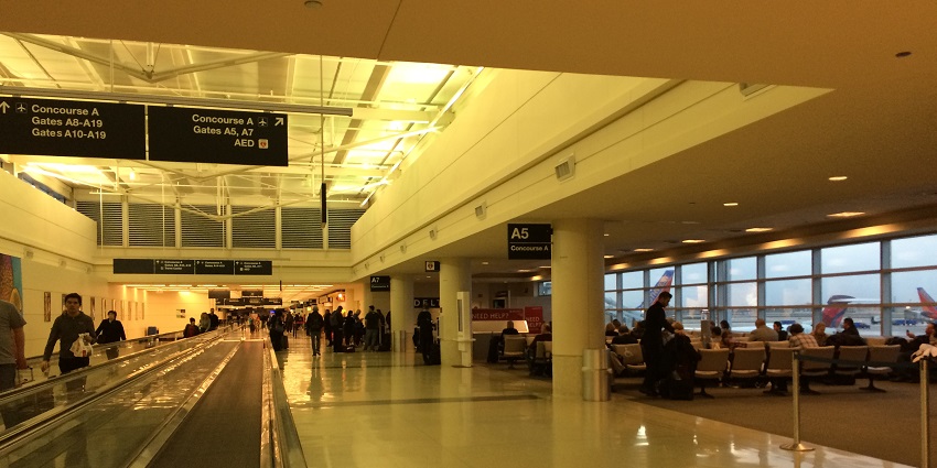 A view of the terminal and runway at Midway International and domestic Airport in Chicago.