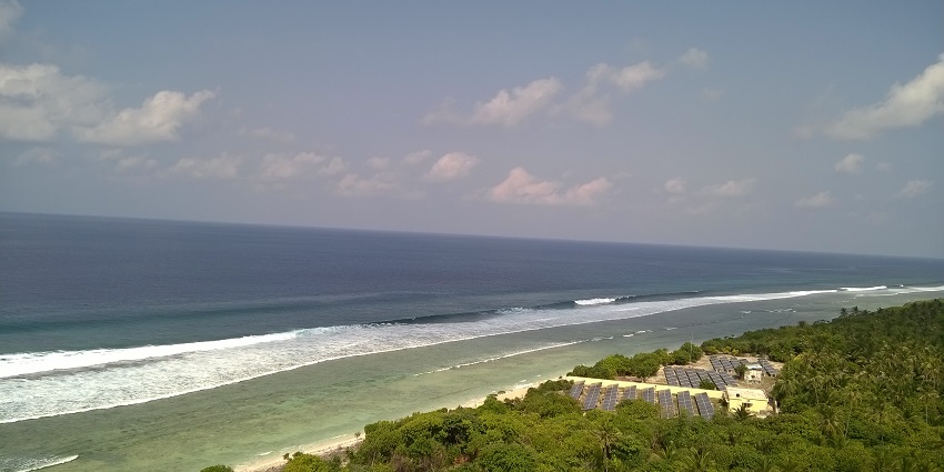 An aerial view of Minicoy Island shows the mega expanse of the Indian Ocean surrounding it