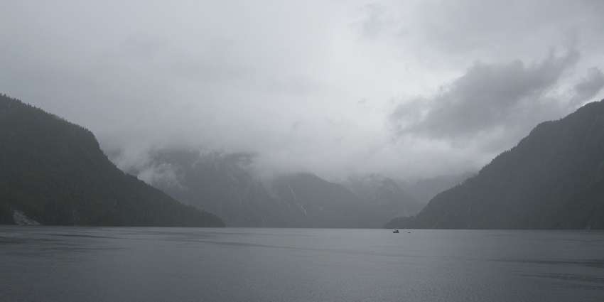 A fog cover view of the tourist attractions near Alaska, of the Misty Fjords National Monument.