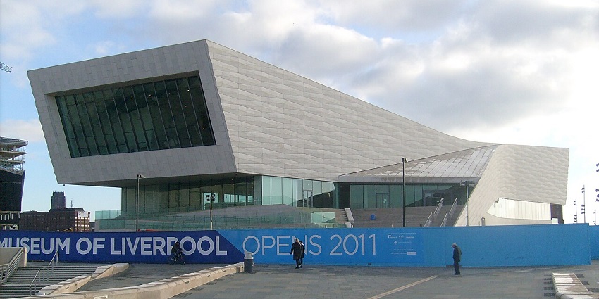 An image showing the front view of the Museum of Liverpool, showcasing its modern architecture.