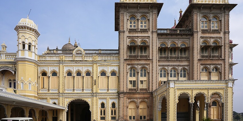 A beautiful view of the left side of Mysuru Palace in Karnataka, as mentioned in the India travel guide.