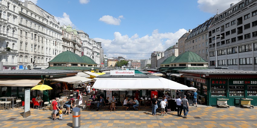 A view of Bustling Naschmarkt, a popular food market with fresh grocery options.