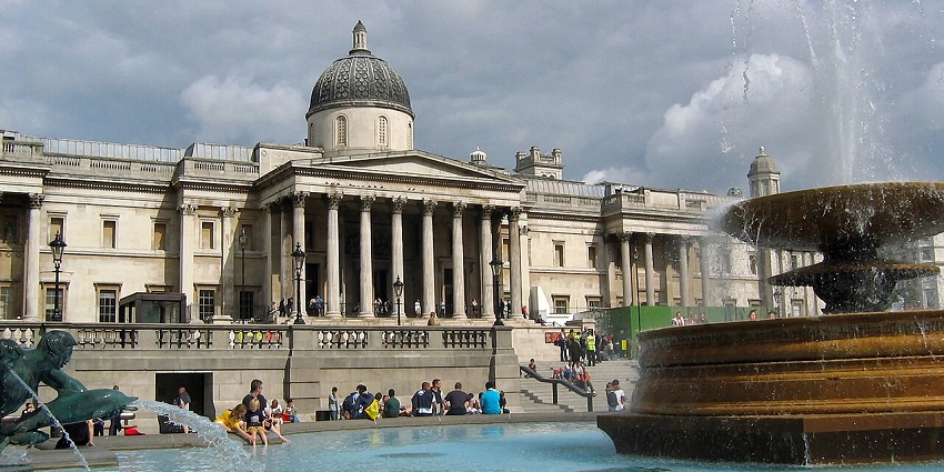 An image of the National Gallery in Trafalgar Square, located in the heart of London