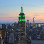 View of the Empire State Building in New York City from the Top of the Rock at 30 Rockefeller Plaza during sunset.