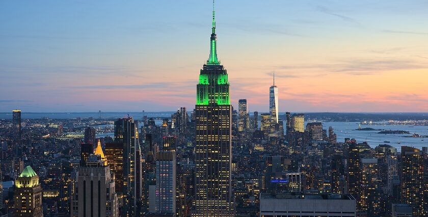 View of the Empire State Building in New York City from the Top of the Rock at 30 Rockefeller Plaza during sunset.