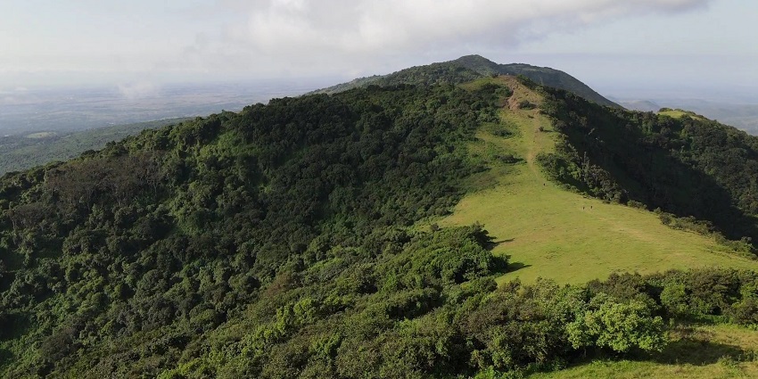 A picturesque view of a lush green mountain with a meandering path leading towards the summit.