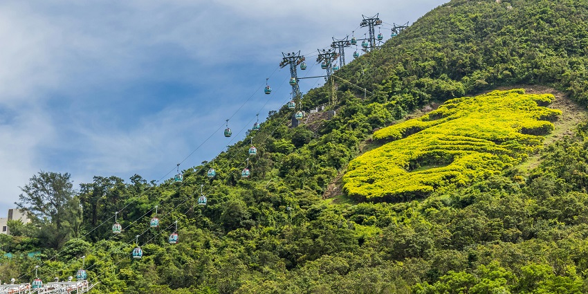 Enjoy stunning views of the surrounding land on a Ngong Ping Cable Car in Hong Kong.