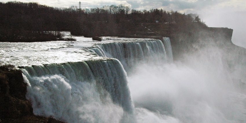 Majestic waterfalls straddling the U.S.-Canada border, a natural wonder.