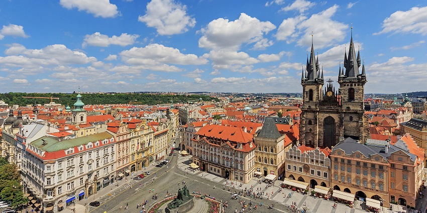 A glimpse of vibrant Old Town Square with the Astronomical Clock in Prague