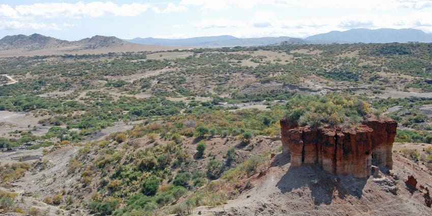 Archaeological site surrounded by rocky terrain and slight greenery at the Olduvai gorge.