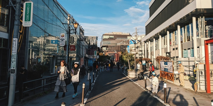 Trendy Omotesando in Tokyo, Japan street lined with luxury shops and cafes.