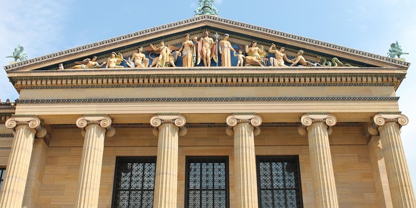 Close up view of the Philadelphia Museum of Art with architectural details.