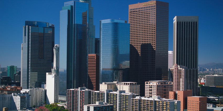 A panoramic view of downtown Los Angeles skyline with modern high-rises in California.