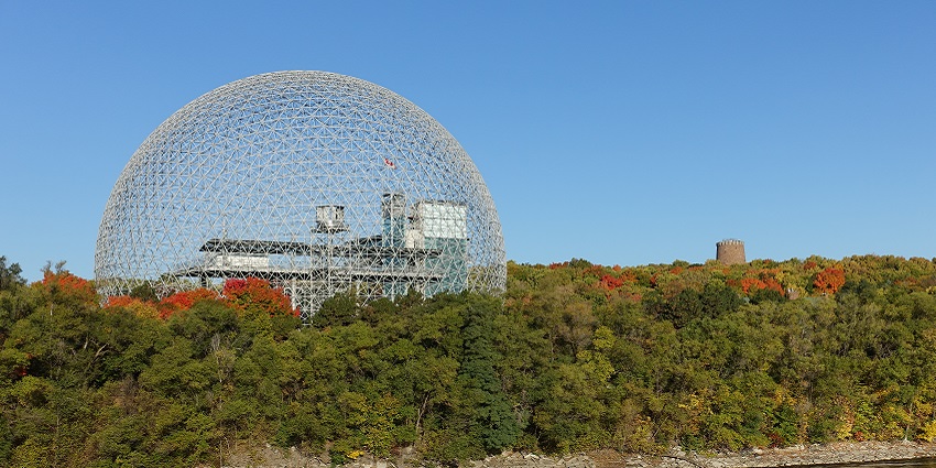 An image of the iconic Biosphere Museum in Quebec, featuring its striking geodesic dome