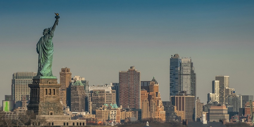 A view of iconic landmark in New York city - surrounded by stunning architecture