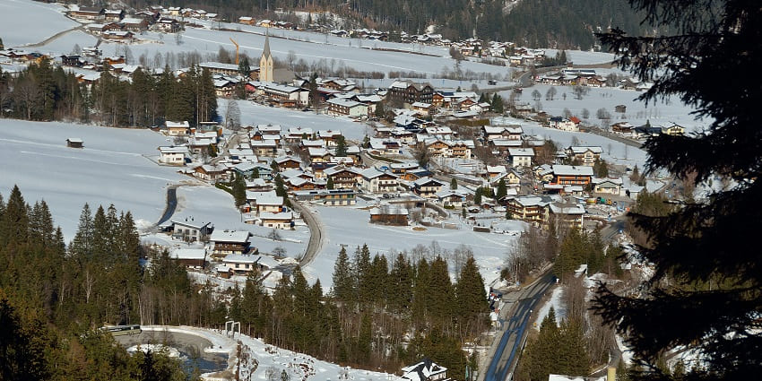 A view of Krimml from waterfalls, with scenic landscape.