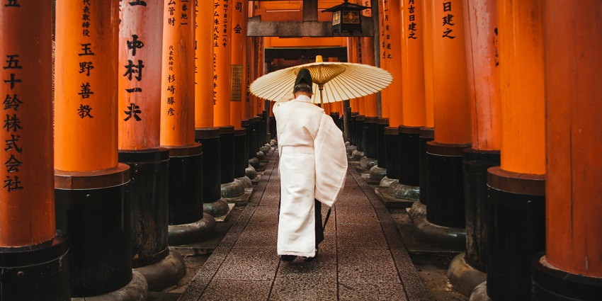 Image of a man holding an umbrella in Japan with traditional attire in Japan
