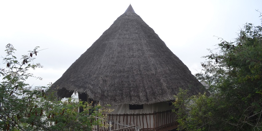 Tented hut camp with its entrance area to the Lions Buff Lodge in lumo community sanctuary